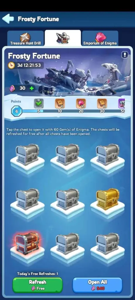 Frosty Fortune chest board and chest types