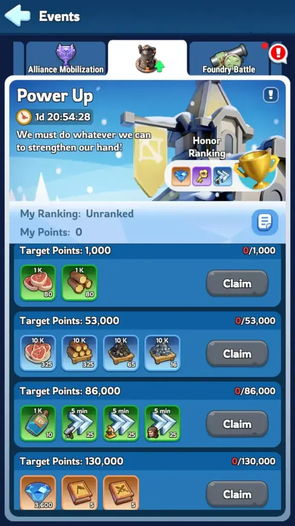 Whiteout Survival Power Up Event milestone rewards