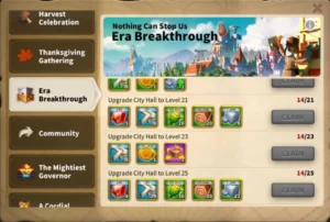 Rise of Kingdoms City Hall Requirements and Upgrades Era Breakthrough