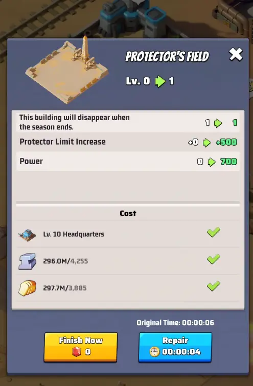 Last War Survival Season 3 Golden Kingdom Building Protectors Field Upgrade
