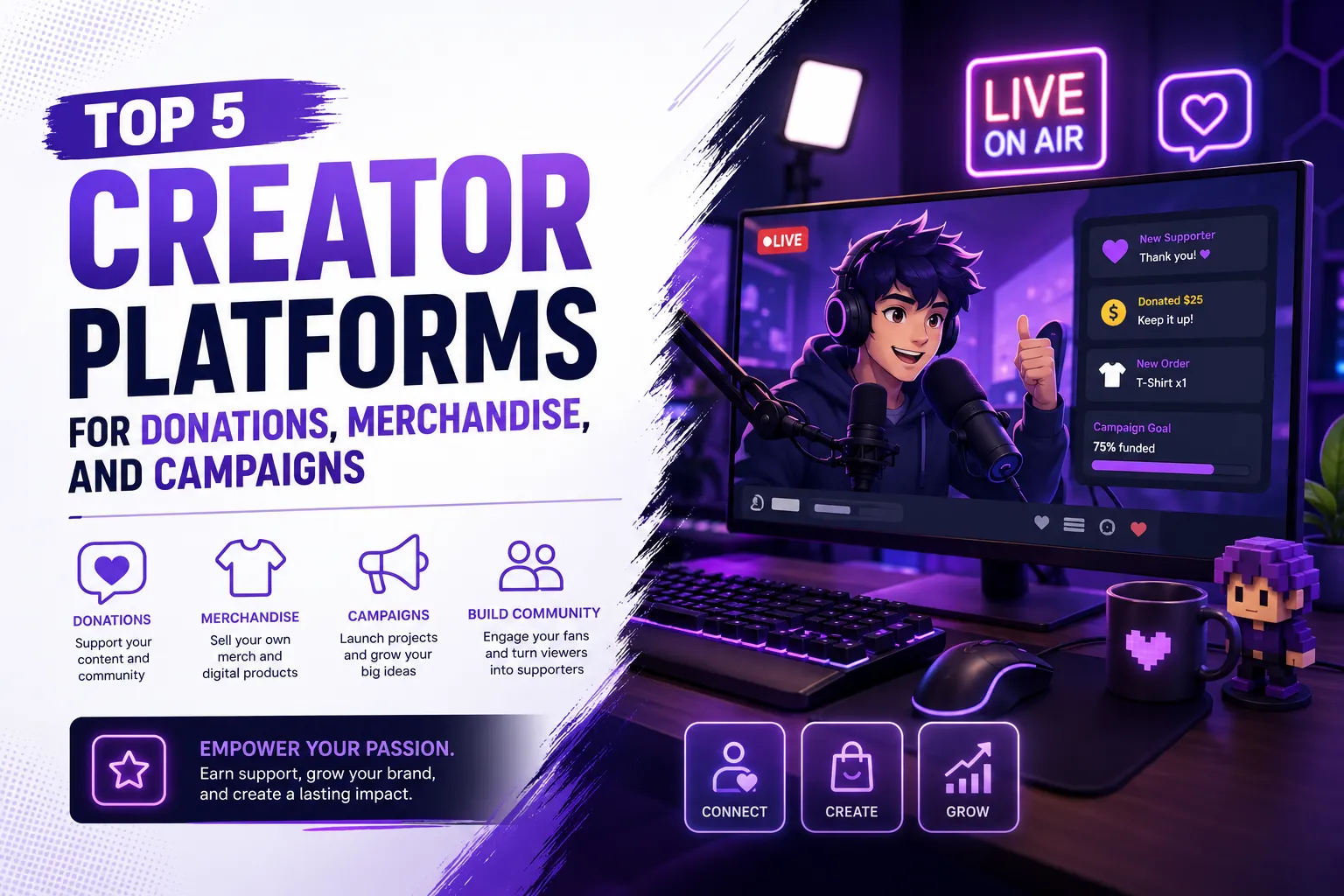 Creator platforms for receiving donations, selling merchandise, and managing digital campaigns