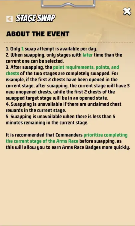 Last War Arms Race Event Stage Swap 2