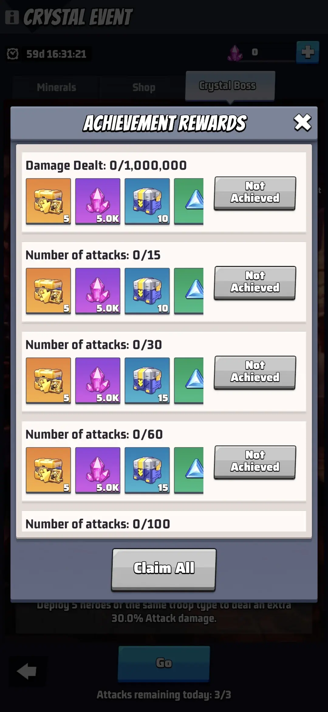 Last War Crystal Event Achievement Rewards